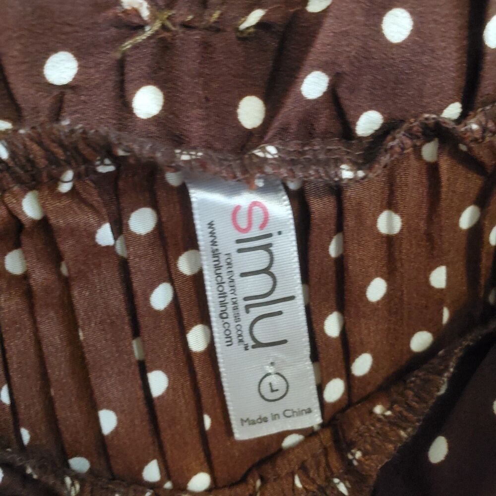Simlu Brown Polka Dot Pleated Midi Skirt Elastic Waist L Boho Preppy Retro - Picture 5 of 11